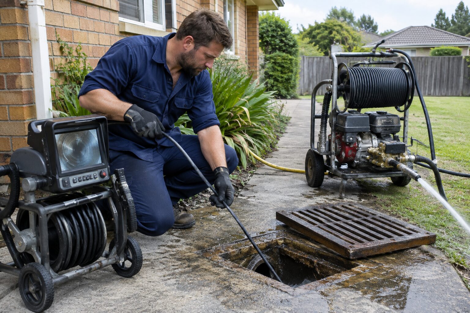 Plumber using a drain machine to clear a blocked drain at a Wilton home