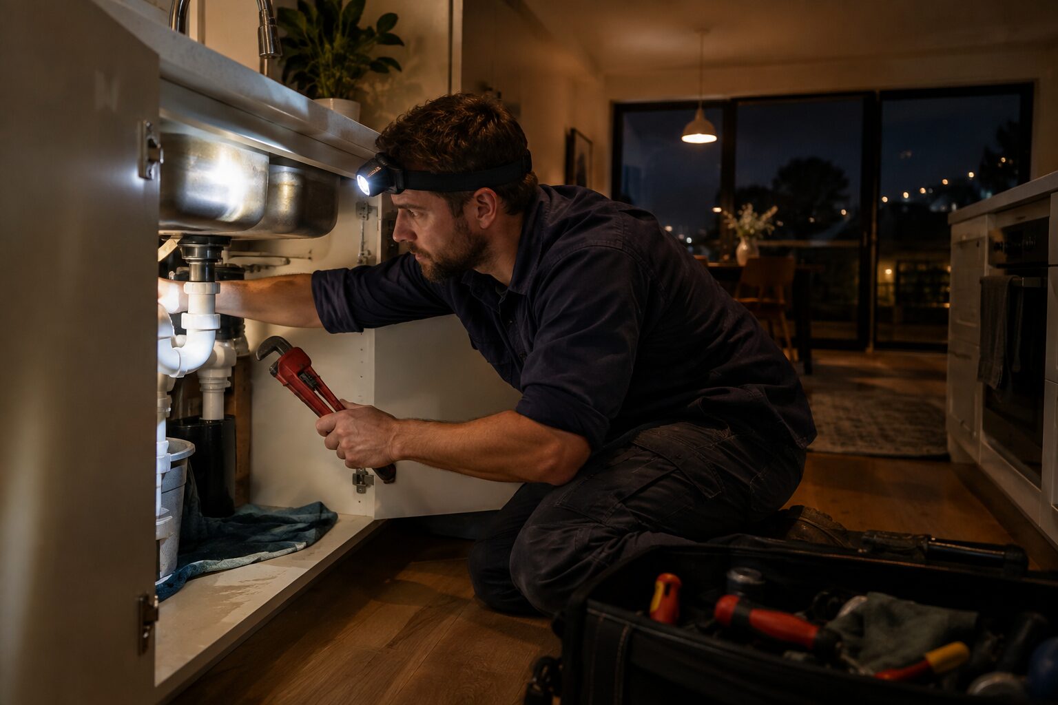 Emergency plumber arriving at a Wilton home at night