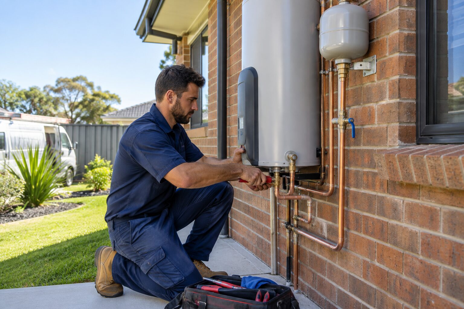 Licensed plumber servicing a hot water system in Wilton NSW