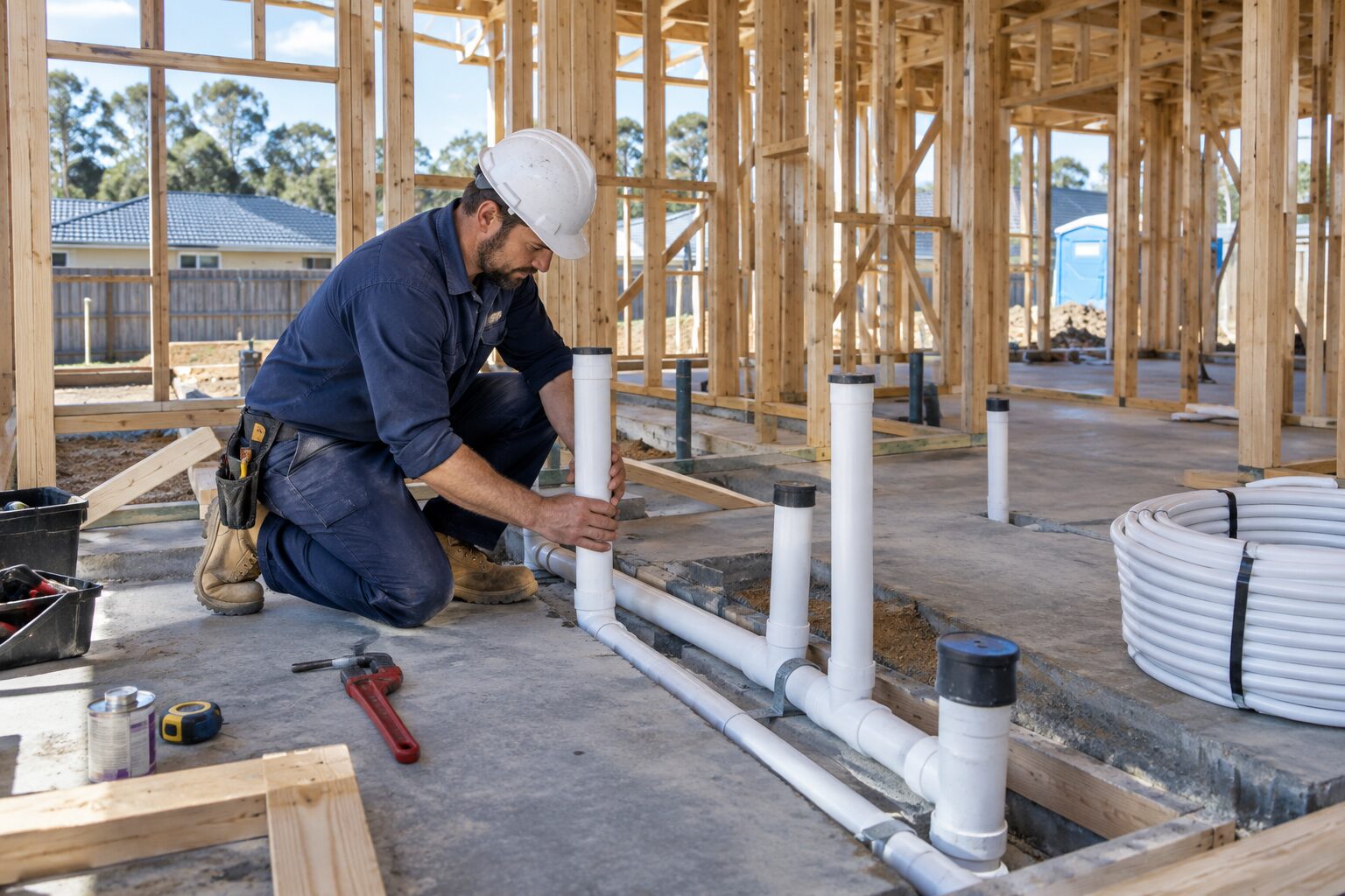 Rough-in plumbing pipework inside a new home build in Wilton